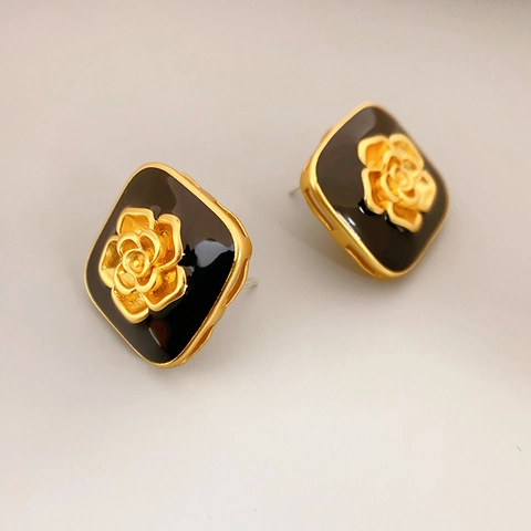 Vintage Camellia Stud Earrings Black Enamel Brass 18K Gold Plated With 925 Sterling Silver Earring Post Square French