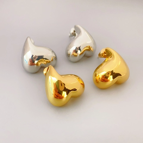 Puffy Heart Stud Earrings Brass 18K Gold Plated With 925 Sterling Silver Earring Post Minimalist Jewelry For Women