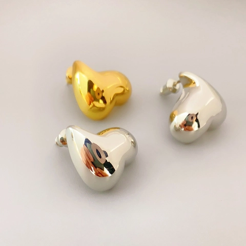 Puffy Heart Stud Earrings Brass 18K Gold Plated With 925 Sterling Silver Earring Post Minimalist Jewelry For Women