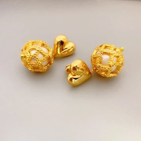 Heart Artificial Pearl Drop Earrings 18K Gold Plated Brass Hollow Ball Cage Elegant Jewelry 925 Sterling Silver Earring Post