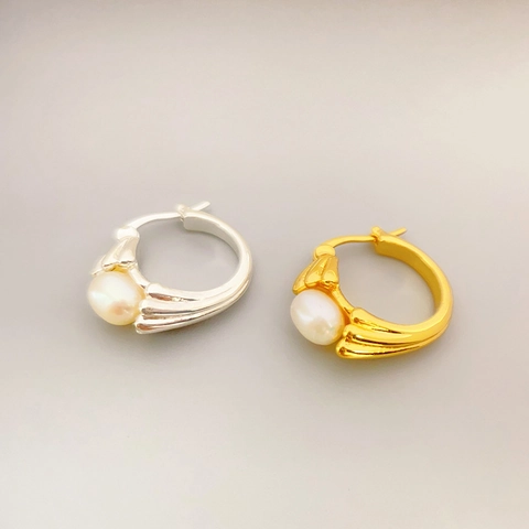 Textured Hoop Earrings Brass 18K Gold Plated Freshwater Pearl Elegant Geometric Luxury Jewelry For Women