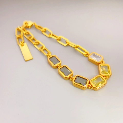 Bracciale A Catena Con Cristalli Rettangolari In Ottone Placcato Oro 18K Maglia Graffetta Gioielli Di Moda Da Donna