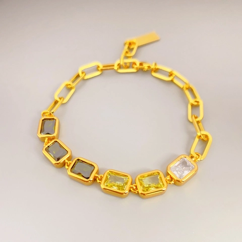 Bracciale A Catena Con Cristalli Rettangolari In Ottone Placcato Oro 18K Maglia Graffetta Gioielli Di Moda Da Donna