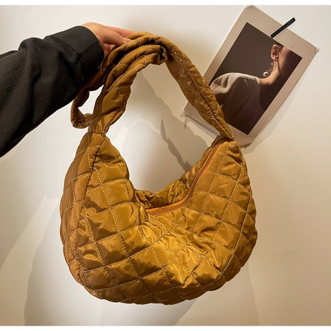 Women Large Quilted Puffer Shoulder Bag Rhombic Stitching Half Moon Hobo Bag Lightweight Nylon Polyester Casual Tote
