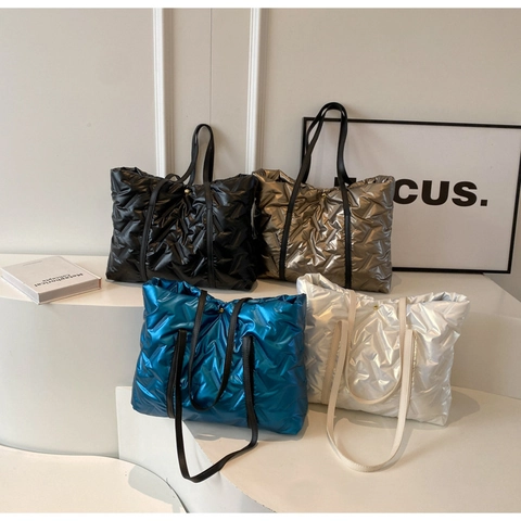 Women Fashion Metallic Quilted Puffy Tote Bag Large Capacity Down Cotton Shoulder Bag Casual Urban Style Shopper Handbag