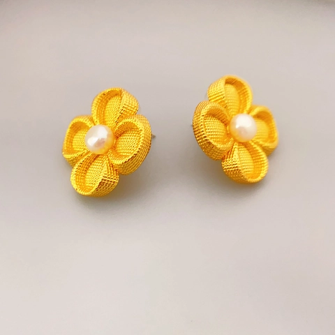 Pendientes De Botón Trébol Flor Malla Latón Chapado Oro 18K Perla Artificial Con Poste De Plata Esterlina 925 Joyas Retro Elegantes Mujer