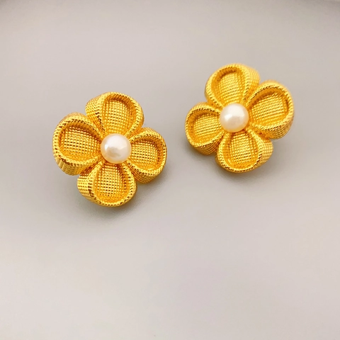 Pendientes De Botón Trébol Flor Malla Latón Chapado Oro 18K Perla Artificial Con Poste De Plata Esterlina 925 Joyas Retro Elegantes Mujer