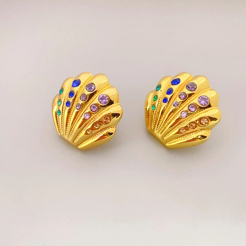 Vintage Muschel Ohrstecker Bunte Strasssteine Vergoldetes Kupfer Mit 925 Sterling Silber Ohrringpfosten Für Damen