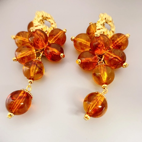 Retro Druif Tros Drop Oorbellen Met Amber Hars Kralen En 925 Sterling Zilveren Oorsteker Vintage Elegante Sieraden Voor Vrouwen