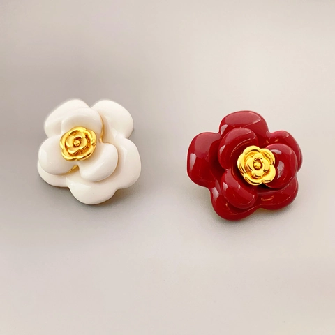 Emaille Kamelie Blume Stecker Ohrringe Mit 925 Sterling Silber Stecker Vintage Elegant Französischer Stil Für Frauen