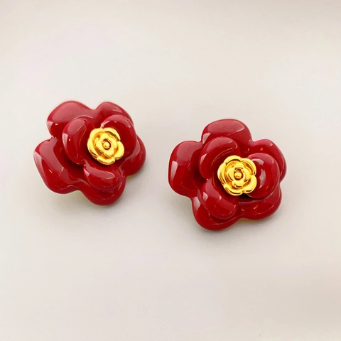 Emaille Kamelie Blume Stecker Ohrringe Mit 925 Sterling Silber Stecker Vintage Elegant Französischer Stil Für Frauen