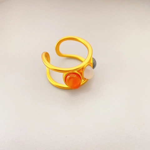 Vintage Copper Adjustable Open Ring For Women Inlaid Red Off-White Gray Agate Stones Gold Plated Geometric Fashion Jewelry