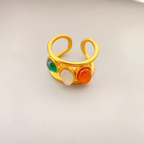 Vintage Copper Adjustable Open Ring For Women Inlaid Red Off-White Gray Agate Stones Gold Plated Geometric Fashion Jewelry