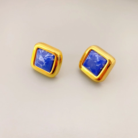 Orecchini Perno Quadrati Rame Placcato Oro Turchese Blu Con Perno Argento Sterling 925 Vintage Minimalista Donna
