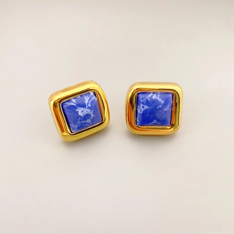 Orecchini Perno Quadrati Rame Placcato Oro Turchese Blu Con Perno Argento Sterling 925 Vintage Minimalista Donna