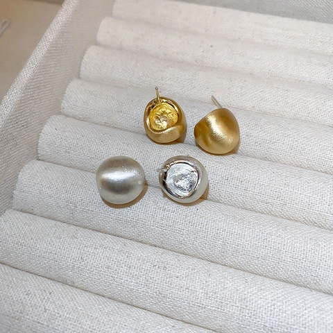 Geometric Puffy Bean Stud Earrings For Women Matte Satin Finish Copper With 925 Sterling Silver Earring Post