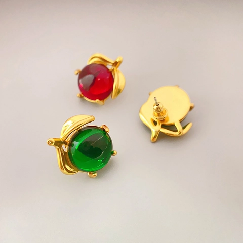 Boucles D'oreilles Puces Pomme Feuilles Dorées Cuivre Verre Avec Tige En Argent Sterling 925 Bijoux De Mode Pour Femmes
