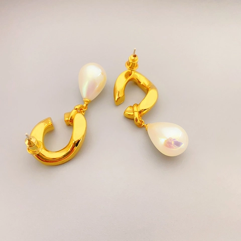 Boucles d'Oreilles en Imitation Perle Forme de Larme Avec Tige en Argent Sterling 925 Laiton Torsadé Plaqué Or 18K Bijoux Mode Femme