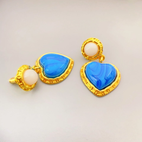 Orecchini A Pendente Cuore Vintage Rame Placcato Oro 18K Pietra Con Perno In Argento Sterling 925 Retro Per Donna
