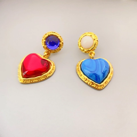 Orecchini A Pendente Cuore Vintage Rame Placcato Oro 18K Pietra Con Perno In Argento Sterling 925 Retro Per Donna