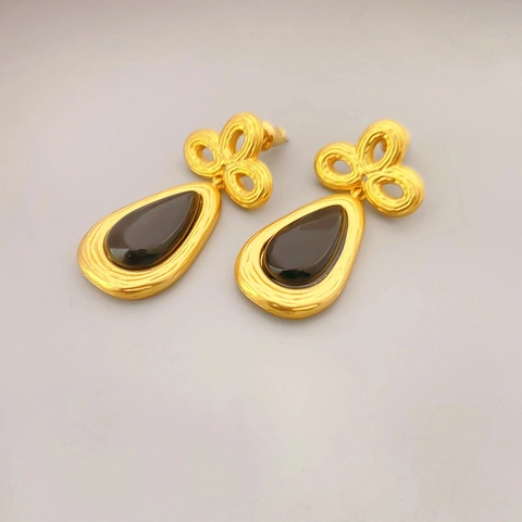 Pendientes Colgantes Gota Vintage Cobre Con Poste De Plata De Ley 925 Piedra Resina Negra Lujo Retro Para Mujer