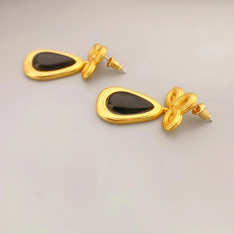Pendientes Colgantes Gota Vintage Cobre Con Poste De Plata De Ley 925 Piedra Resina Negra Lujo Retro Para Mujer