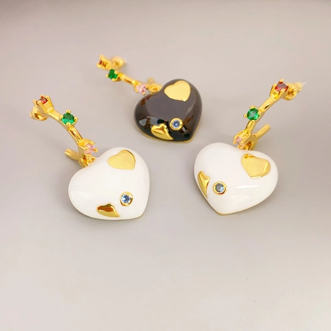Enamel Heart Drop Earrings With Colorful Zirconia Vintage Brass Jewelry 925 Sterling Silver Earring Post For Women