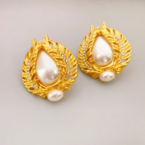 Orecchini Vintage Francese Cicala Perla Artificial Con Perno In Argento Sterling 925 Placcato Oro Strass Per Donna