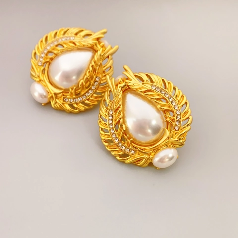 Orecchini Vintage Francese Cicala Perla Artificial Con Perno In Argento Sterling 925 Placcato Oro Strass Per Donna