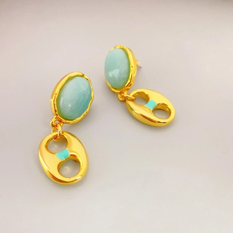 French Retro Drop Earrings With Aventurine Stone Pig Nose Enamel Detail 925 Sterling Silver Earring Post Gold Plated