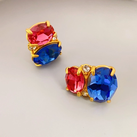 Oval Crystal Glass Stud Earrings With 925 Sterling Silver Earring Post Vintage Candy Color Brass Jewelry For Women