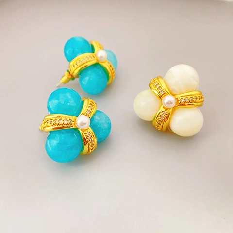 Clover Cluster Stud Earrings With Artificial Pearls Zircon Inlaid Copper 925 Sterling Silver Earring Post Vintage For Women