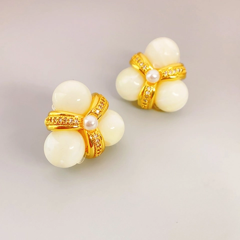 Clover Cluster Stud Earrings With Artificial Pearls Zircon Inlaid Copper 925 Sterling Silver Earring Post Vintage For Women