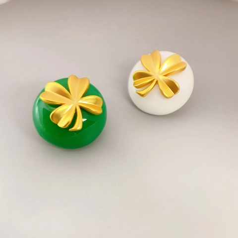 Vintage Button Stud Earrings With 925 Sterling Silver Earring Post Copper Resin Four Leaf Clover For Women Fashion