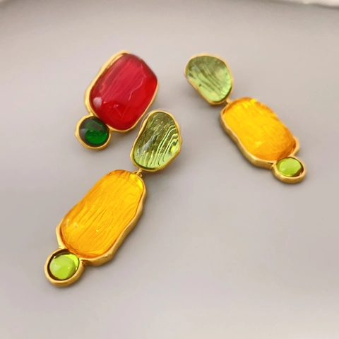 Pendientes Colgantes Geométricos De Resina Color Caramelo Vintage Con Base De Latón Y Poste De Pendiente De Plata De Ley 925