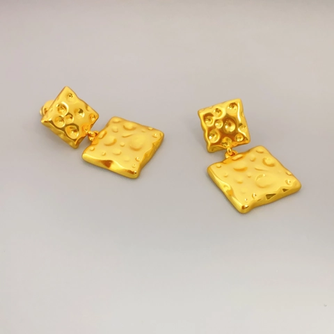 Hammered Square Drop Earrings Brass 18K Gold Plated Geometric Retro Style For Women With 925 Sterling Silver Earring Post