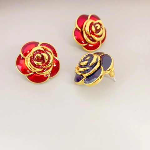 Vintage Camellia Flower Stud Earrings Enamel Glaze Brass Gold Plated With 925 Sterling Silver Earring Post For Women