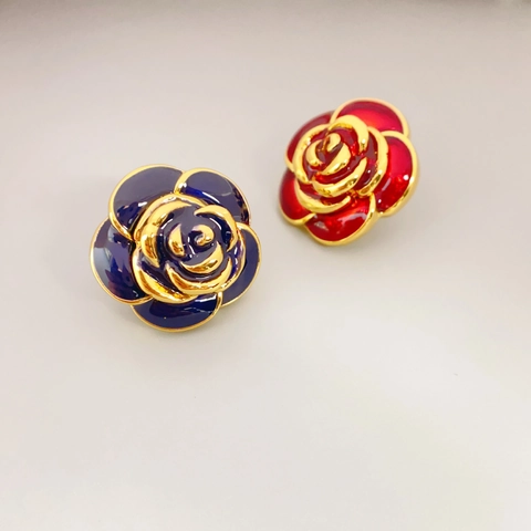 Vintage Camellia Flower Stud Earrings Enamel Glaze Brass Gold Plated With 925 Sterling Silver Earring Post For Women