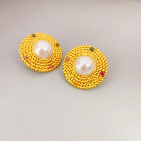 Vintage Barock Runde Faux Künstliche Perle Ohrstecker Mit 925 Sterling Silber Ohrstift Gold Geflochten Bunter Straß Schmuck Für Damen
