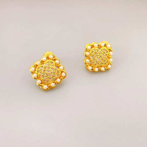 Gold Plated Four Leaf Clover Stud Earrings With Zircon Imitation Artificial Pearl And 925 Sterling Silver Earring Post Elegant