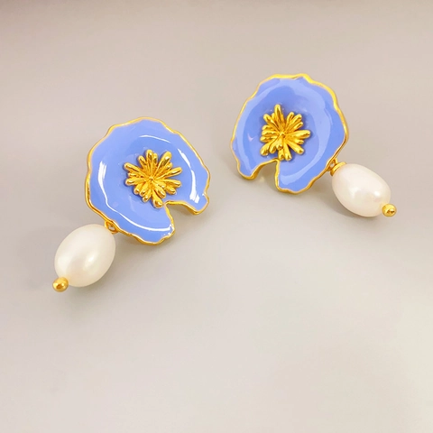 Vintage Blue Enamel Flower Drop Earrings With 925 Sterling Silver Earring Post And Teardrop Faux Artificial Pearl Elegant Jewelry
