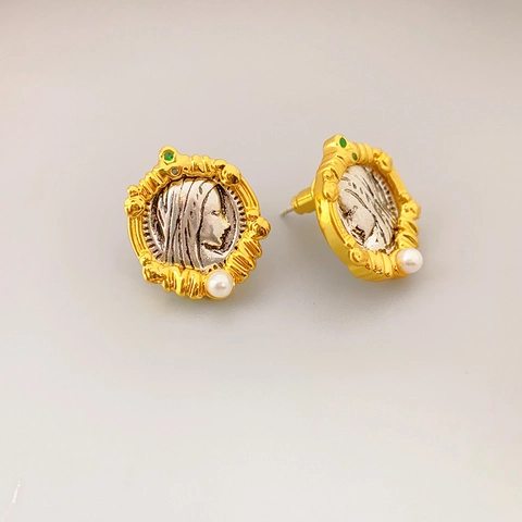 Pendientes De Botón Con Relieve De Moneda Retrato Con Poste De Plata De Ley 925 Cobre Perla Artificial Circón Mujer