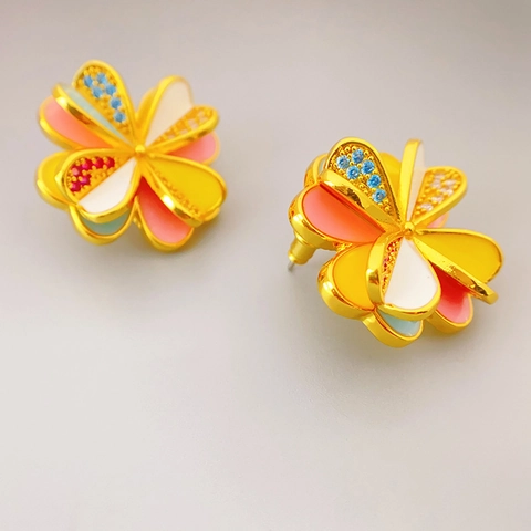 Kleeblatt Blumen Ohrstecker Mehrfarbige Emaille Zirkon Vergoldetes Kupfer Damen Mit 925 Sterling Silber Ohrringpfosten