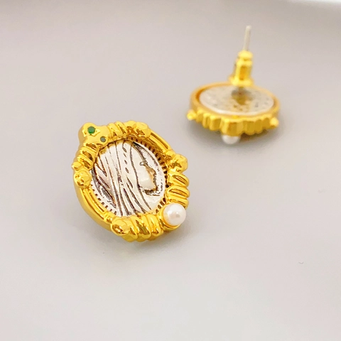 Pendientes De Botón Con Relieve De Moneda Retrato Con Poste De Plata De Ley 925 Cobre Perla Artificial Circón Mujer
