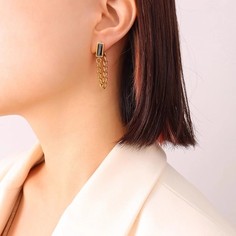 Vintage Rectangular Zircon Tassel Earrings Titanium Stainless Steel Gold Plated Cuban Chain Dangle Women
