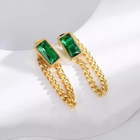 Vintage Rectangular Zircon Tassel Earrings Titanium Stainless Steel Gold Plated Cuban Chain Dangle Women