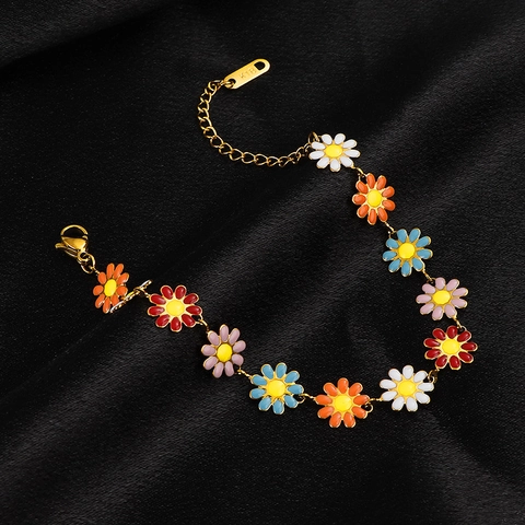 Colorful Enamel Daisy Flower Bracelet Titanium Steel 18K Gold Plated Floral Charm Link Jewelry For Women Girls Adjustable
