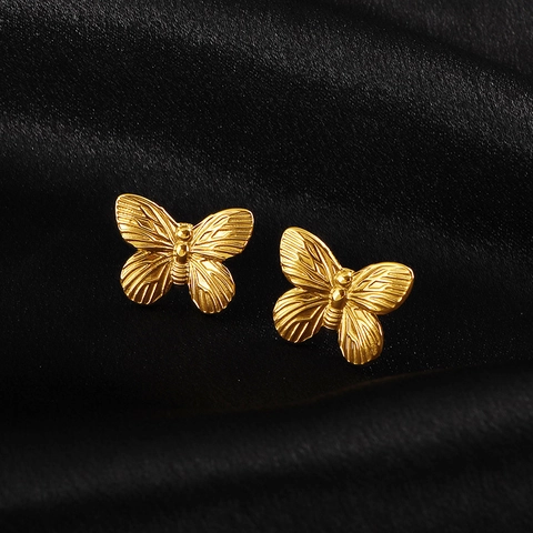 Butterfly Stud Earrings Titanium Steel 18K Gold Plated Delicate Wing Texture Vintage French Style Women