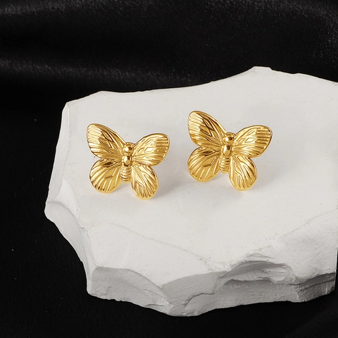 Butterfly Stud Earrings Titanium Steel 18K Gold Plated Delicate Wing Texture Vintage French Style Women