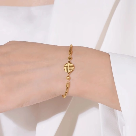 Vintage Chinese Style Fu Blessing Pendant Bracelet Gold Plated Titanium Steel Round Bead Adjustable Chain For Women